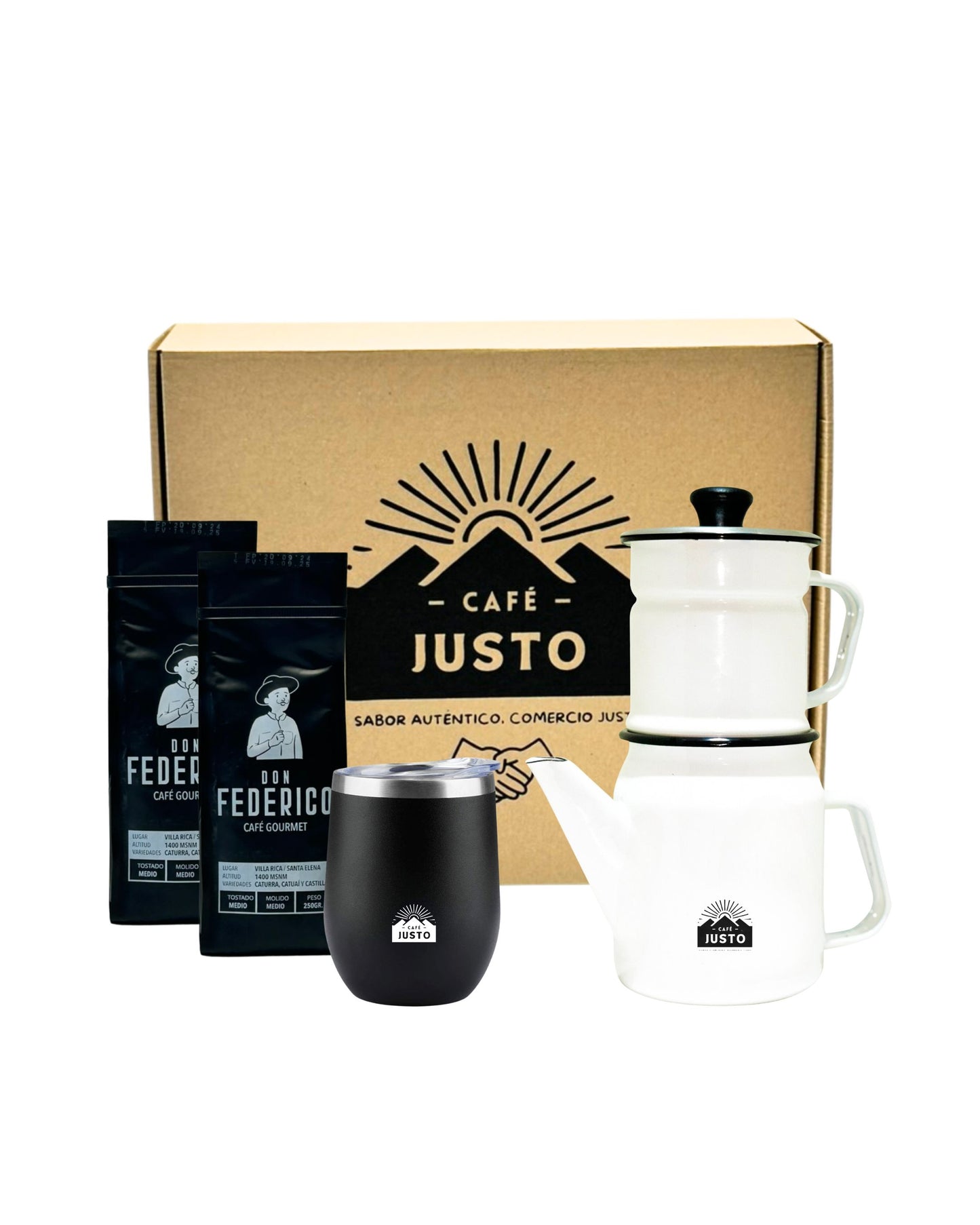 Box Navideño N°3 - 1 Vaso Térmico + 1 Cafetera Gota a Gota + 2 Bolsas de Cafe Don Federico x 250 grs